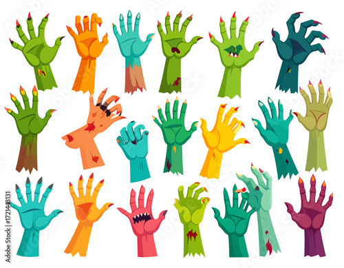 A vibrant collection of cartoon zombie hands in various colors and poses, featuring gruesome details like blood, wounds, and broken nails, perfect for Halloween.