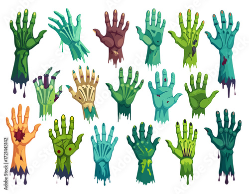 A collection of various cartoon zombie hands in different poses and colors, some with bones showing, dripping blood or goo, perfect for Halloween designs.