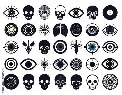 A collection of stylized dark icons featuring eyes, skulls, and abstract biological shapes on a white background.