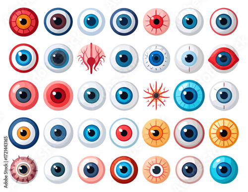 A collection of various cartoon eyeballs with different colors, patterns, and conditions, including normal, bloodshot, and veined eyes.