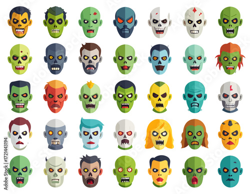 A collection of diverse cartoon zombie faces with various expressions and features, depicted in a flat design style.