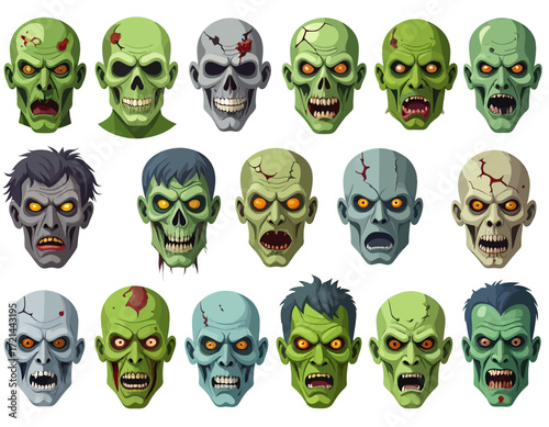 A collection of 18 cartoon zombie heads with varying expressions and colors, featuring green and grey skin tones, exposed teeth, and cracked skulls.