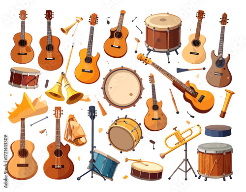 A vibrant collection of various musical instruments including guitars, drums, and brass instruments, arranged on a white background.