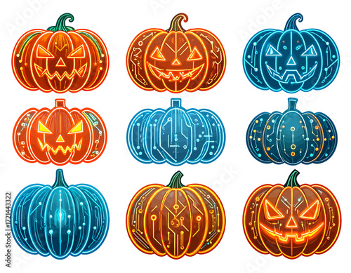 A grid of nine futuristic jack-o'-lanterns with glowing circuit board designs in orange, blue, and mixed colors, blending Halloween tradition with technology.