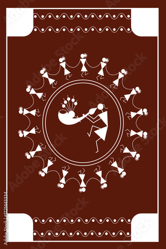 Beautiful Circular Indian Warli art isolated on dark brown background with border frame - vector illustration
