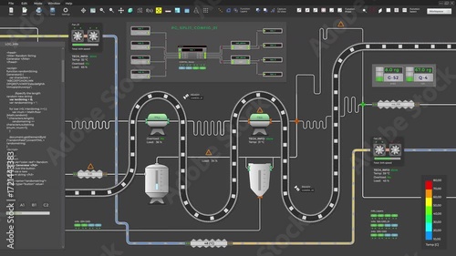 Production factory software controlling the automated conveyor equipment. Factory software monitoring the production line movement. Visualisation of the production factory automation software