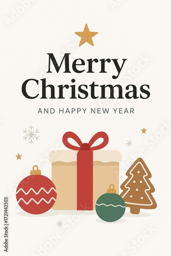 Minimalist Merry Christmas card with modern white background, festive ornaments, and holiday gift decoration.