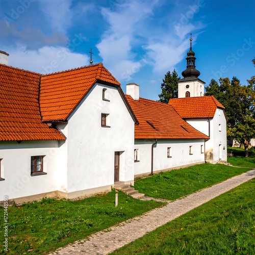 Quaint church complex on a sunny day