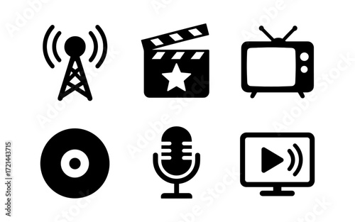 Vintage media icons set for broadcast and recording design applications
