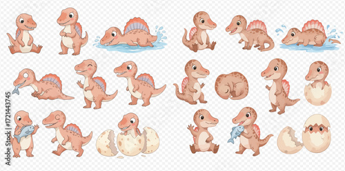 A charming collection of baby Spinosaurus dinosaurs in various playful poses, including hatching, swimming, and eating.