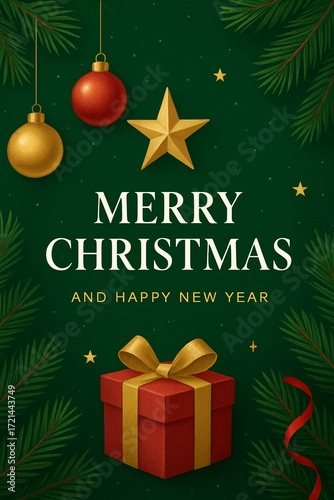 Classic Merry Christmas and Happy New Year card with green background, golden ornaments, and festive gift decoration.
