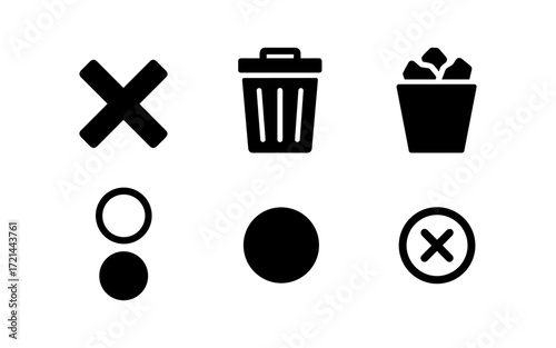 Minimalistic icon set featuring delete and close symbols for digital interfaces and design