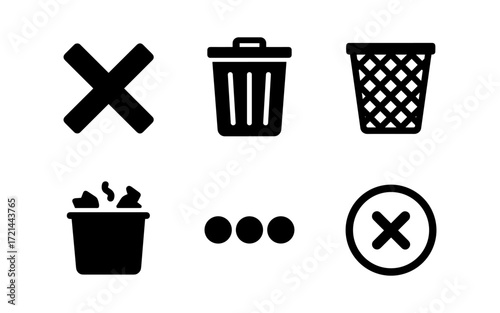 Minimalist vector object set featuring simple trash and delete icons for app design or web interface