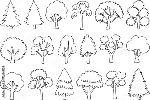 Various stylized trees and evergreen outlines forest