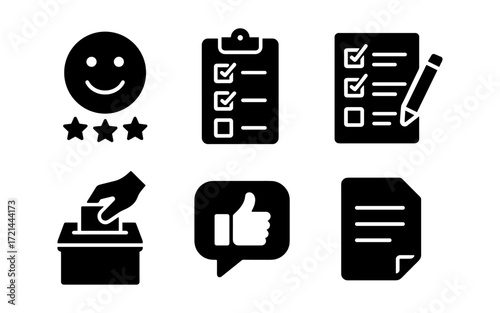 Minimalist icons set for feedback, survey, and voting: smiley, checklist, ballot, like, document