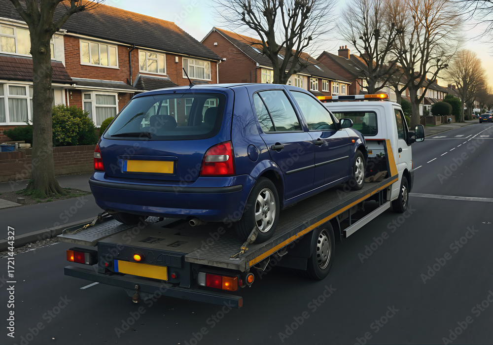Fototapeta premium Blue damaged car on a tow truck. Home vehicle recovery service after breakdown or road accident concept. Urban street background.