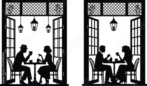 Romantic couple silhouettes, coffee date illustration, vintage café scene, man woman drinking coffee, restaurant romance, dining lovers, relationship vector art