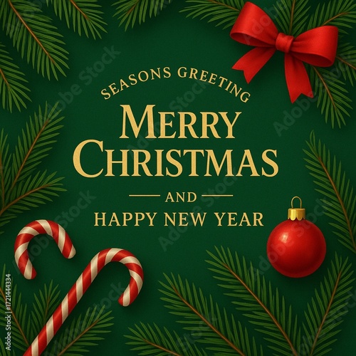 Green Christmas card with candy cane, red bow, and ornaments, traditional holiday background.
