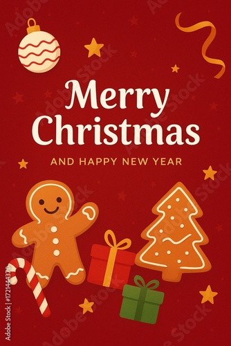 Red Christmas greeting card with gingerbread cookies and holiday decorations, cheerful festive design.