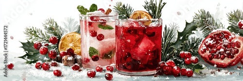 Festive winter beverages with fruits and herbs arranged on a snowy table setting in a cozy atmosphere