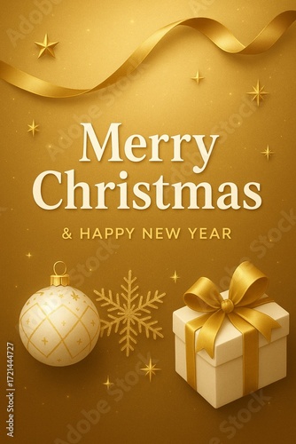 Golden Christmas greeting card with ribbon, ornaments, and elegant festive holiday design.