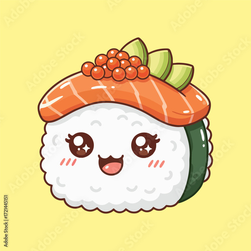 Kawaii cute sushi roll character with a happy smiling face