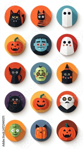 Colorful Halloween-themed icons featuring various characters and pumpkins arranged in a fun grid pattern