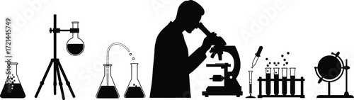 Science laboratory silhouette, chemist working with microscope, lab equipment illustration, chemistry research tools, scientific experiment, test tubes, beakers, glassware, biology study