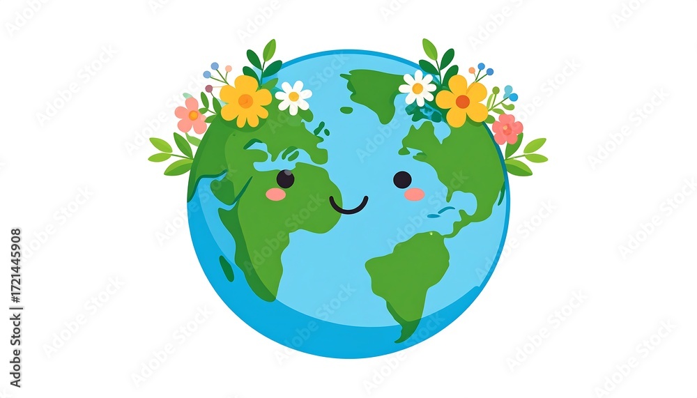 Naklejka premium Cute kawaii Earth with flowers