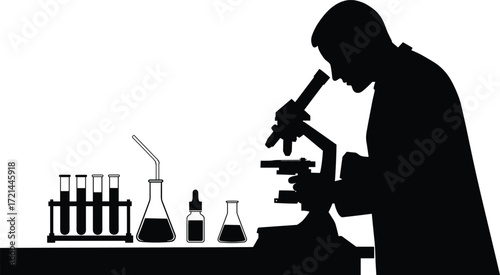 Scientist silhouette using microscope, laboratory equipment illustration, test tubes, beakers, chemistry research, biology study, science experiment, lab glassware, medical analysis