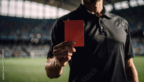 Close-up of a football referee's hand holding a red card to send off a player during a competitive match on the pitch