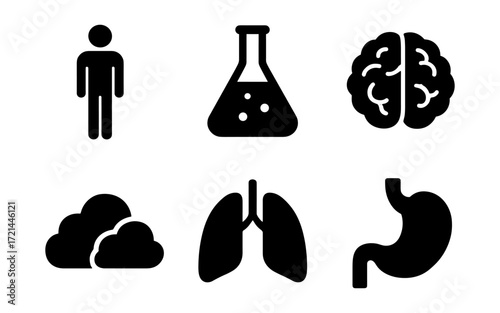 Medical icons set featuring human, lab, brain, lungs, stomach, and cloud symbols for healthcare design