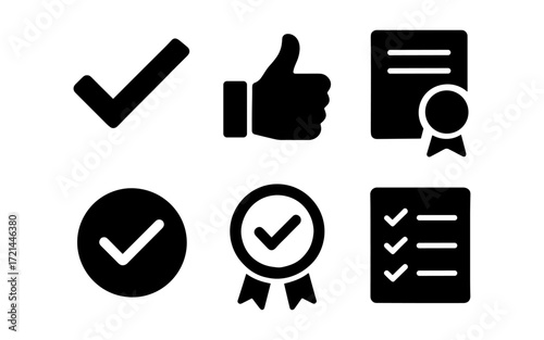 Approval icons set for business use: check mark, thumbs up, certificate, checklist