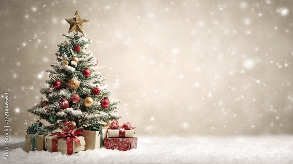 Obraz premium Festive Christmas Tree Decorated with Ornaments and Gifts Under Falling
