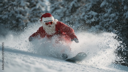 Santa Claus impersonator snowboarding fast down a snowy mountain slope with fresh powder spraying
