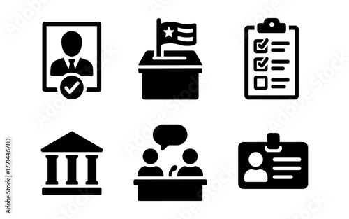 Political icon set with voting booth, checklist, podium, id badge for election and civic engagement themes