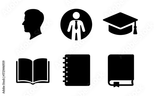 Educational icons set featuring silhouette, graduate cap, book, notebook for learning and design projects