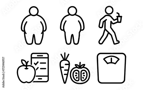Healthy lifestyle icons: fitness, nutrition, exercise, and weight management for wellness design