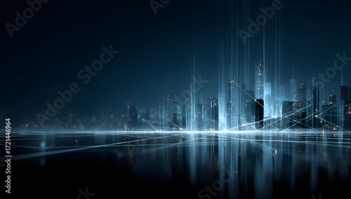 Digital cityscape with modern skyscrapers and glowing blue vertical lines representing data flow and technology against a dark background