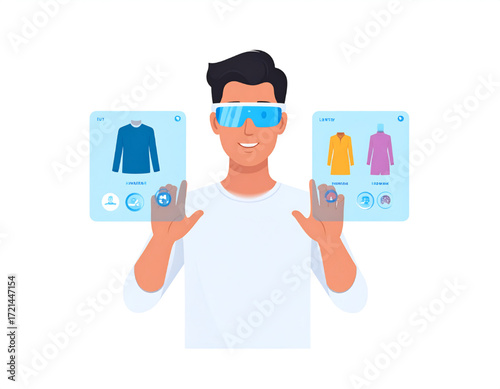 A person wearing VR glasses, selecting clothes from digital displays.
