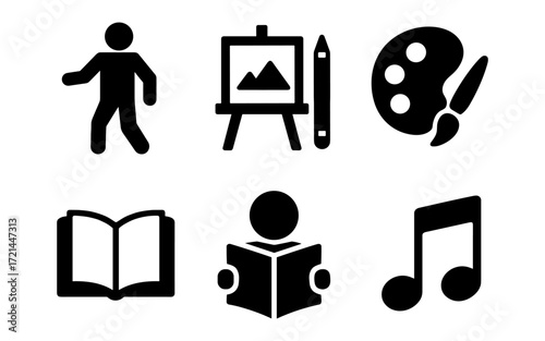 Creative icon collection featuring art, music, education, and leisure elements for versatile design uses
