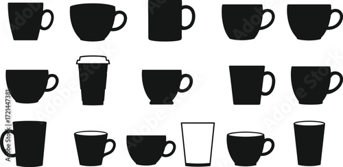 Silhouette of coffee cups, tea mugs, espresso cups, drink glass, hot beverage container, coffee shop, café icon, restaurant drinkware design