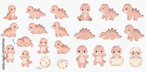 A cute collection of pink baby stegosaurus dinosaurs in various poses, including sitting, sleeping, and hatching from an egg.