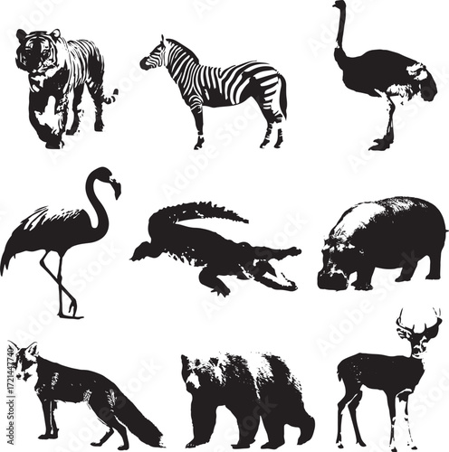 Wildlife Animal Silhouettes Featuring tiger, zebra, ostrich, flamingo, crocodile, hippo, fox, bear, dear in Vector Format