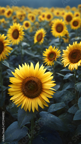 An Inviting Panorama: A Stnning Field of Sunflowers apturing the Essence of Naure's Beauty and the Joyfu Radiance of Golden Blossos in Full Bloom Under the unlit Sky