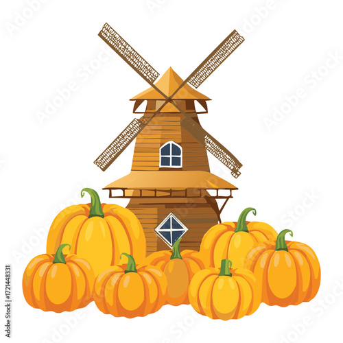 Cartoon-Style Windmill with Pumpkins on a Hillside
