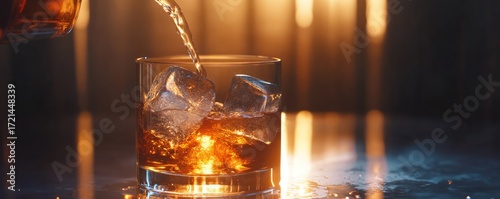 Pouring golden aged rum into a glass with ice cubes.