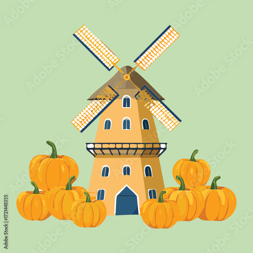 Quaint Dutch Windmill with Pumpkins