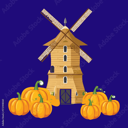 Dutch Windmill and Pumpkins on a Vibrant Blue Sky Background