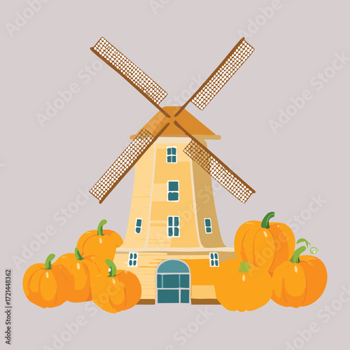 Windmill and Pumpkins Illustration with Blue Accents and Warm Tones